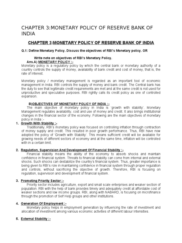 Chapter Policy of Reserve Bank of India PDF Reserve Bank