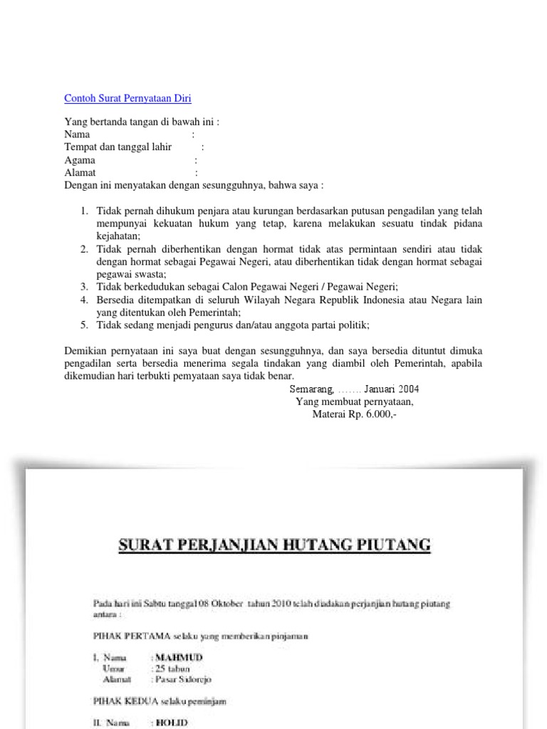 Contoh Surat Pernyataan Diri Contoh Surat Pernyataan Diri