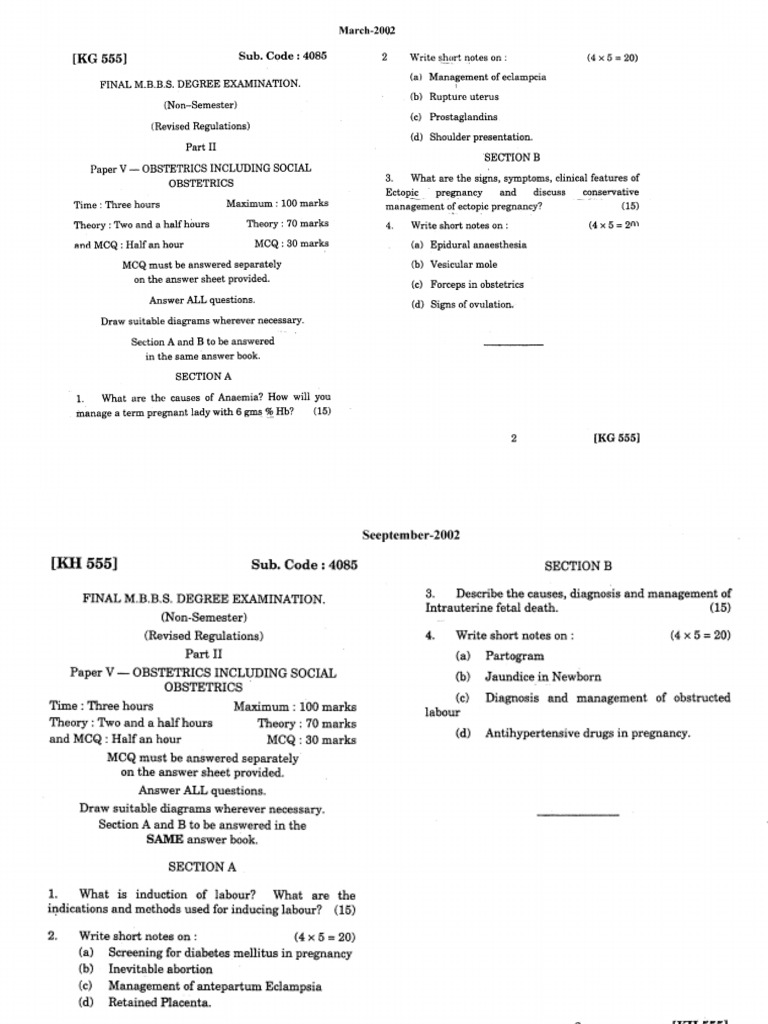 Obstetrics and Gynecology Question Papers PDF Childbirth Obstetrics