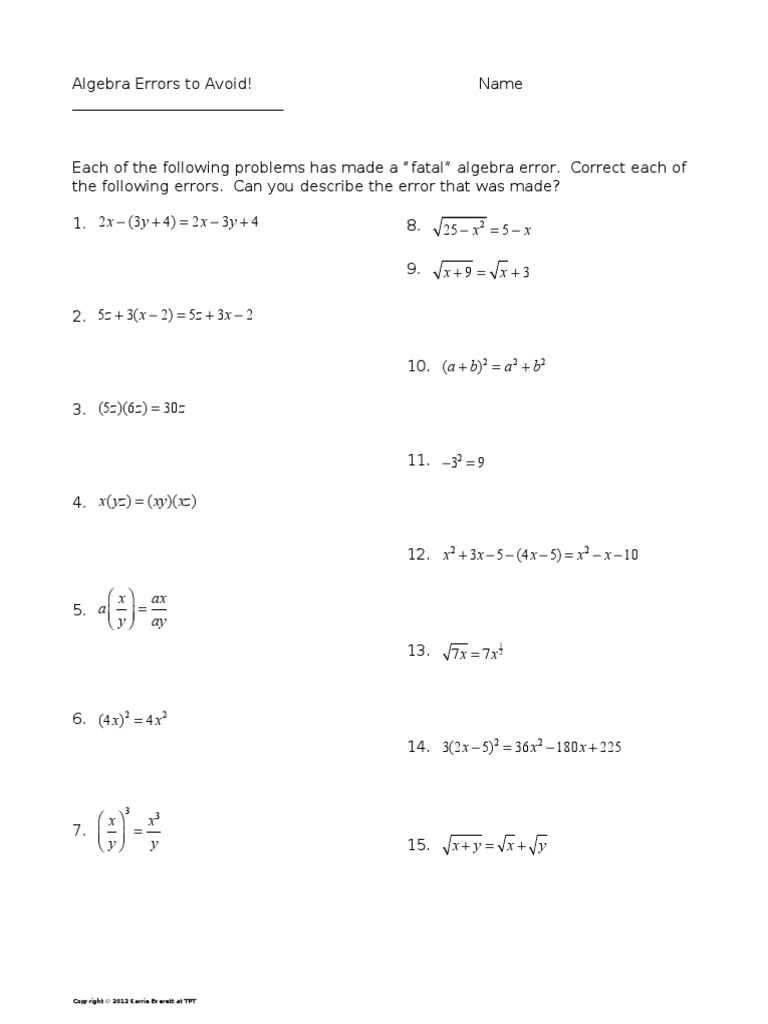 Algebra Error Detection Practice Worksheet | PDF
