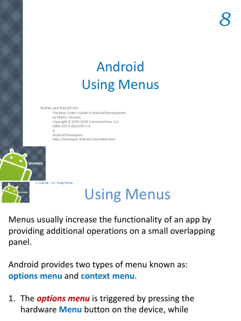 Android Using Menus: Notes Are Based On | PDF | Menu (Computing) | Icon ...
