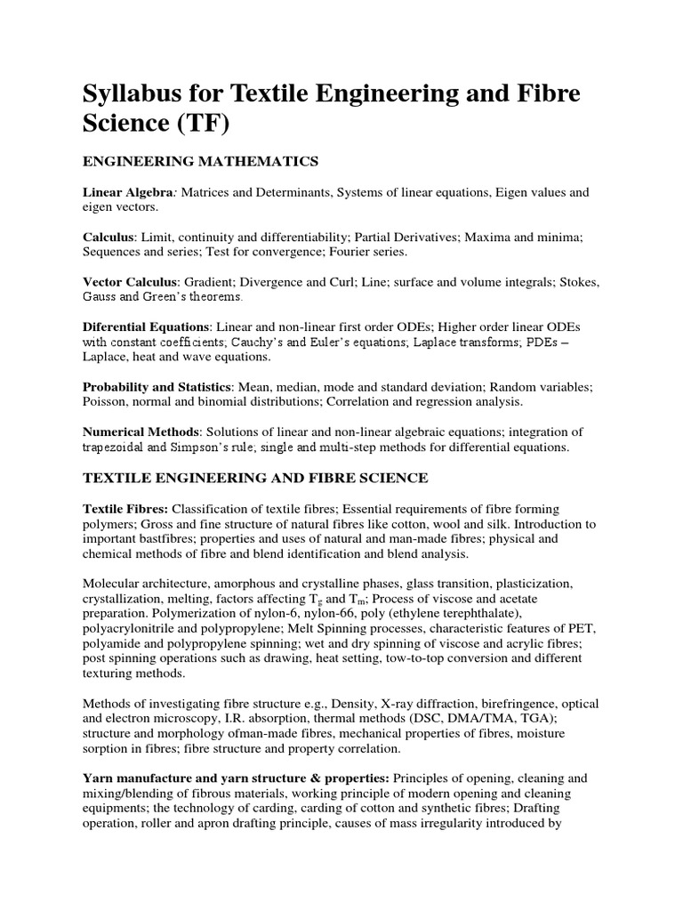Syllabus For Textile Engineering and Fibre Science PDF