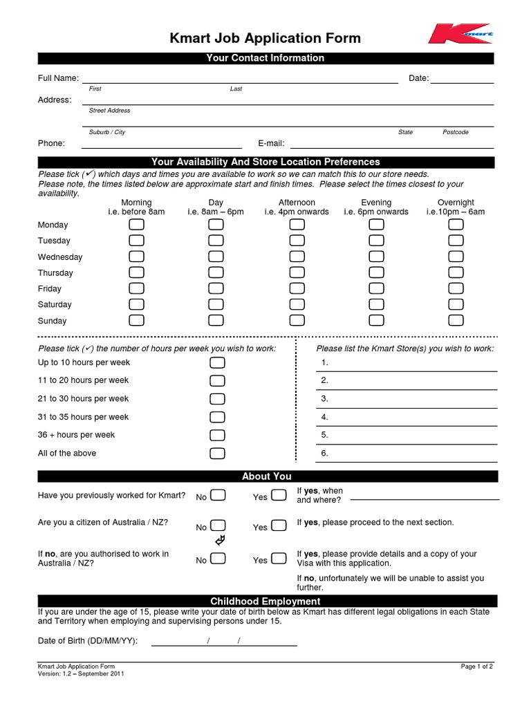 Application Form For Kmart Kmart Employment