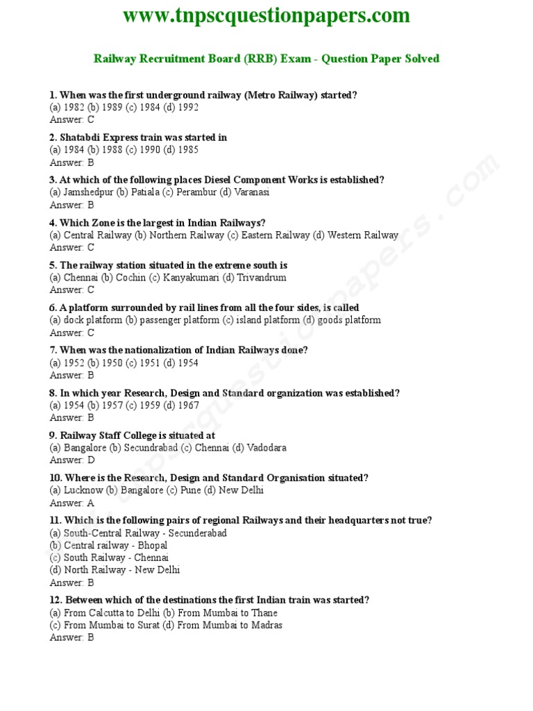Railway Recruitment Board (RRB) Exam - Question Paper Solved | PDF