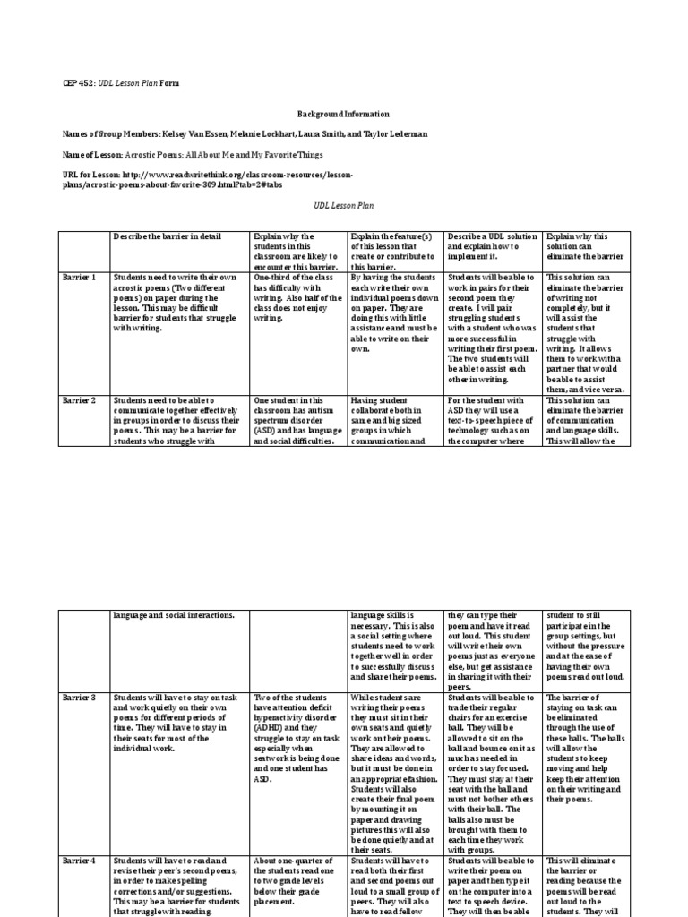 Udl Lesson Plan Form Rev1 PDF Autism Spectrum Cognition