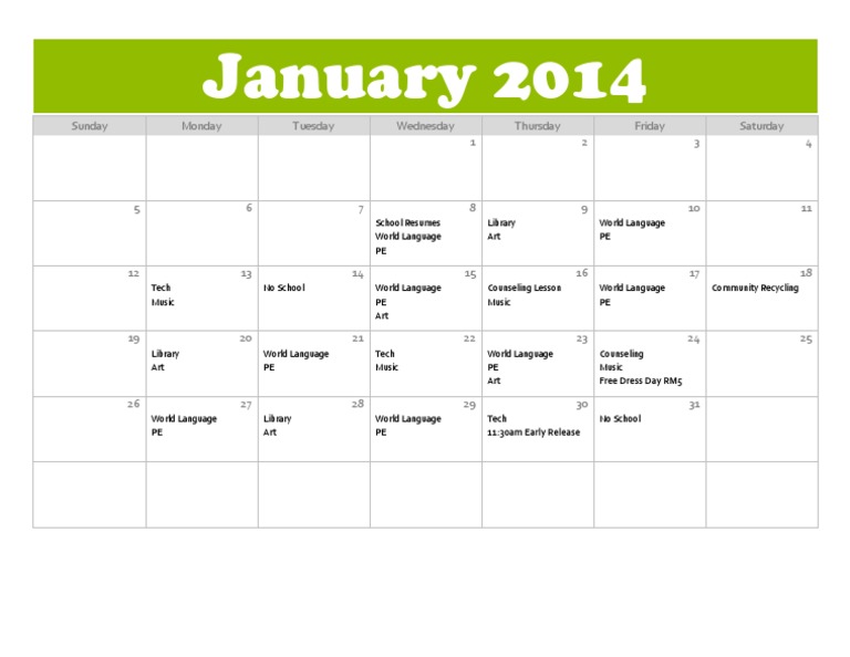 January 2014 School Calendar | PDF | Art
