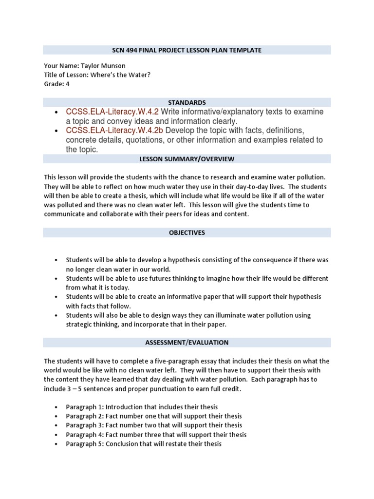 Water Pollution Lesson Plan PDF Thesis Essays