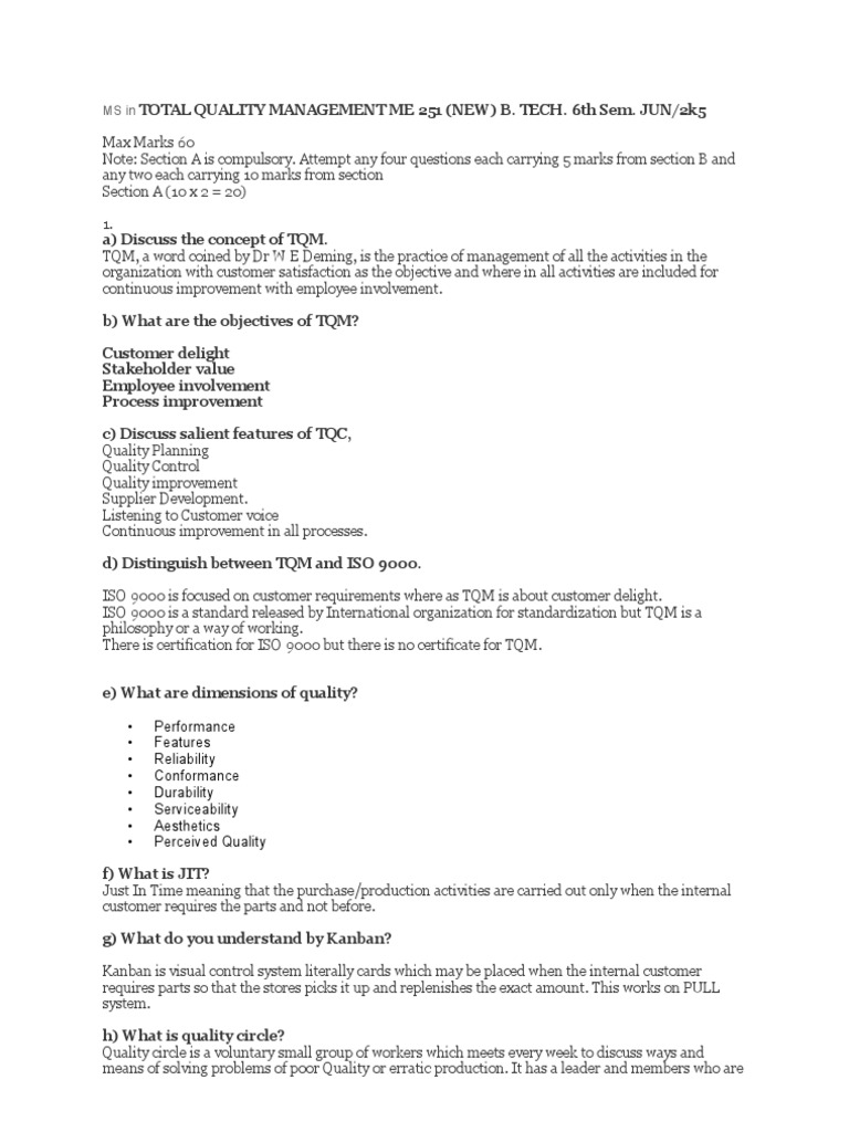 Answers To TQM Question Paper of MS in TQM 6th Sem 2005 | PDF ...