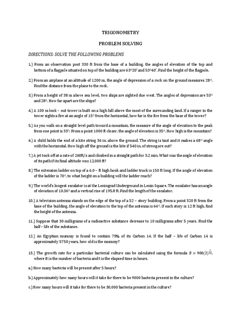 Trigonometry Bearing Elevation Depression Exponential Decay PDF