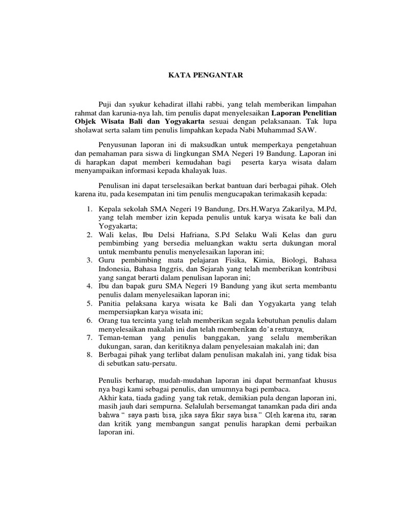 Contoh Kata Pengantar Laporan Karya Wisata Kumpulan