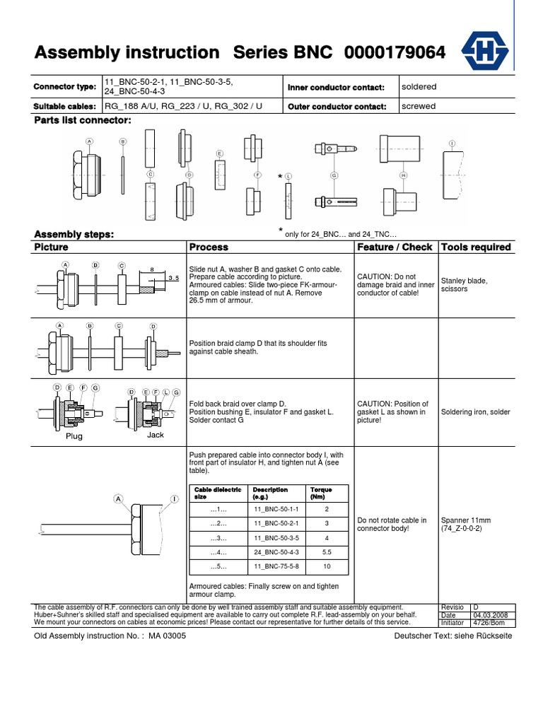 HUBER+SUHNER 11 BNC-50!3!5 AssemblyInstruction | PDF | Cable ...
