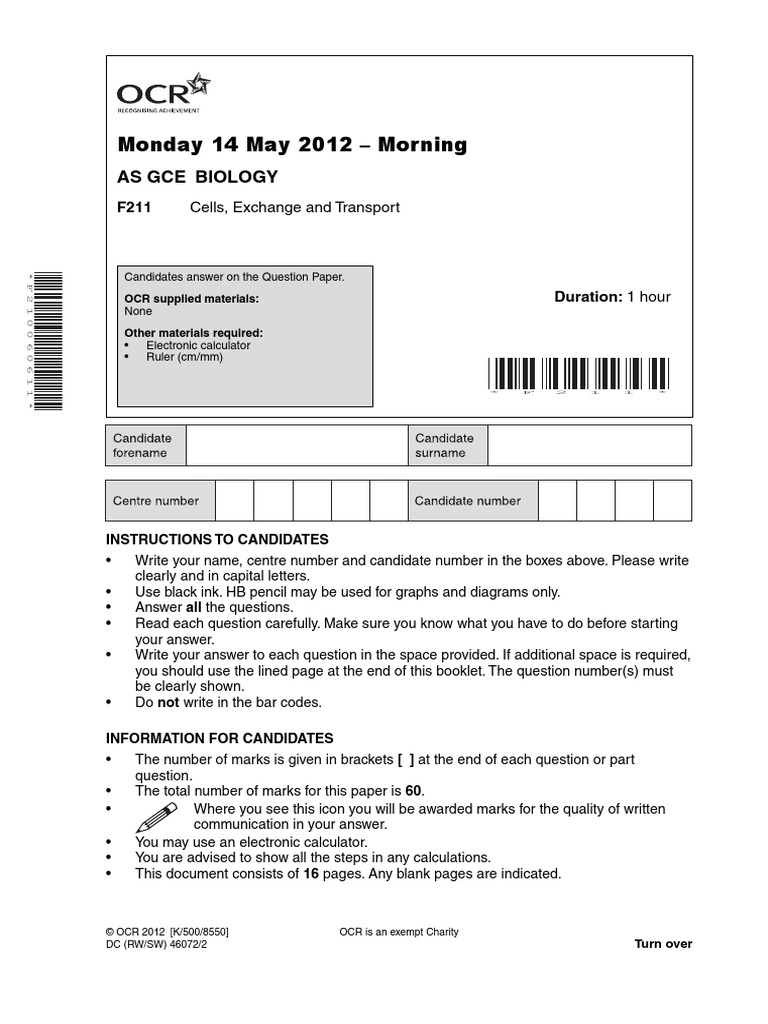 131280 Question Paper Unit f211 Cells Exchange and Transport