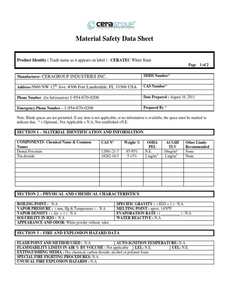 Material Safety Data Sheet White Stainata Sheet White Stain Chemistry