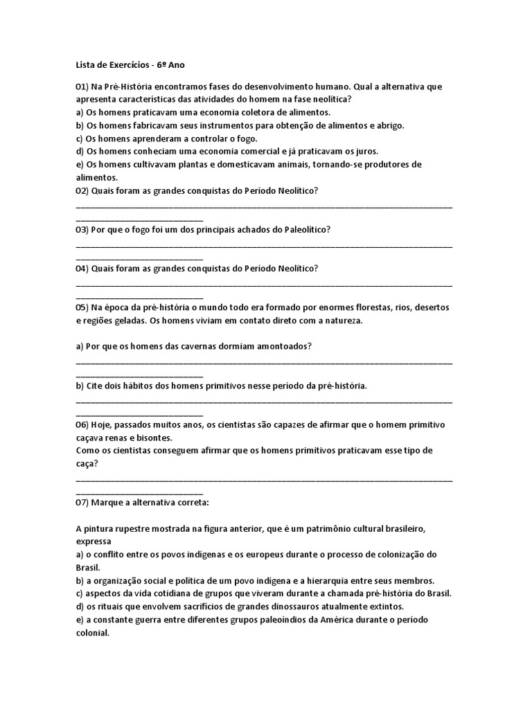Exercícios sobre a pré história-neolítico e paleolítico