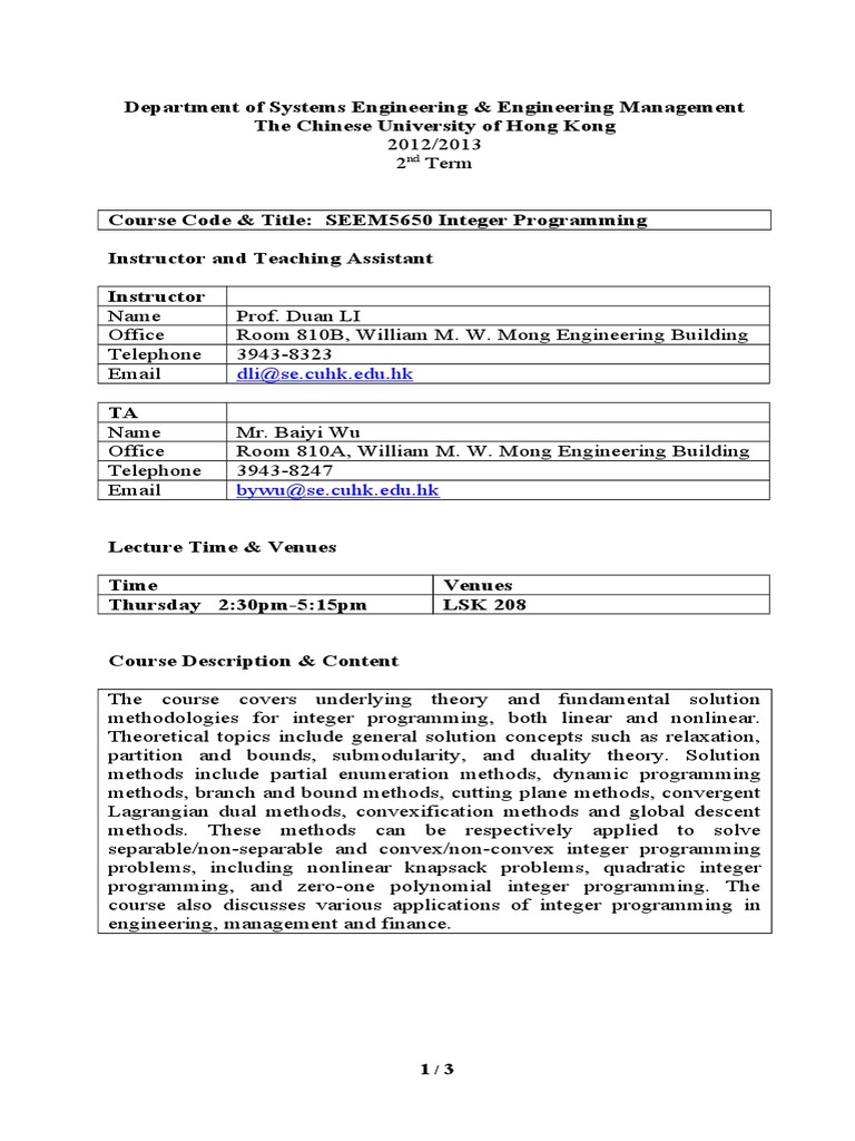 SEEM5650 Integer Programming Course Guide | PDF
