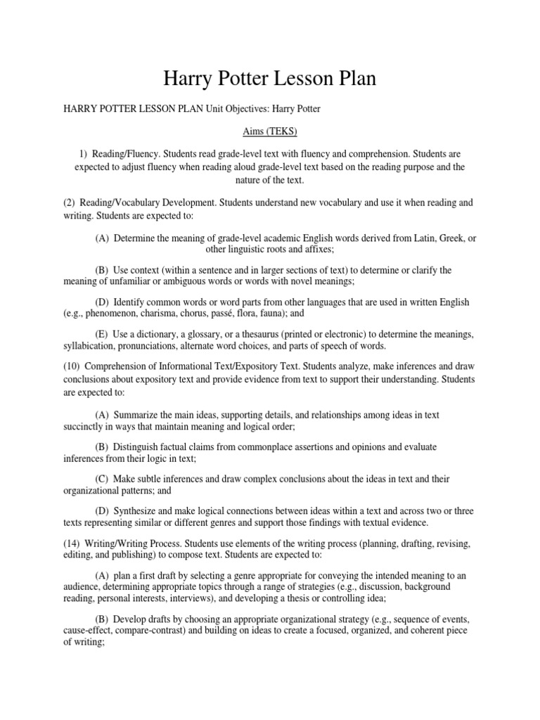 harry potter lesson plan | Reading Comprehension | Reading (Process)