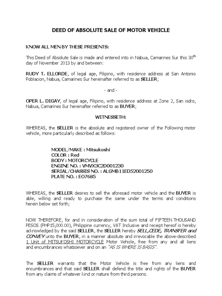 Deed Of Absolute Sale Philippines Sample