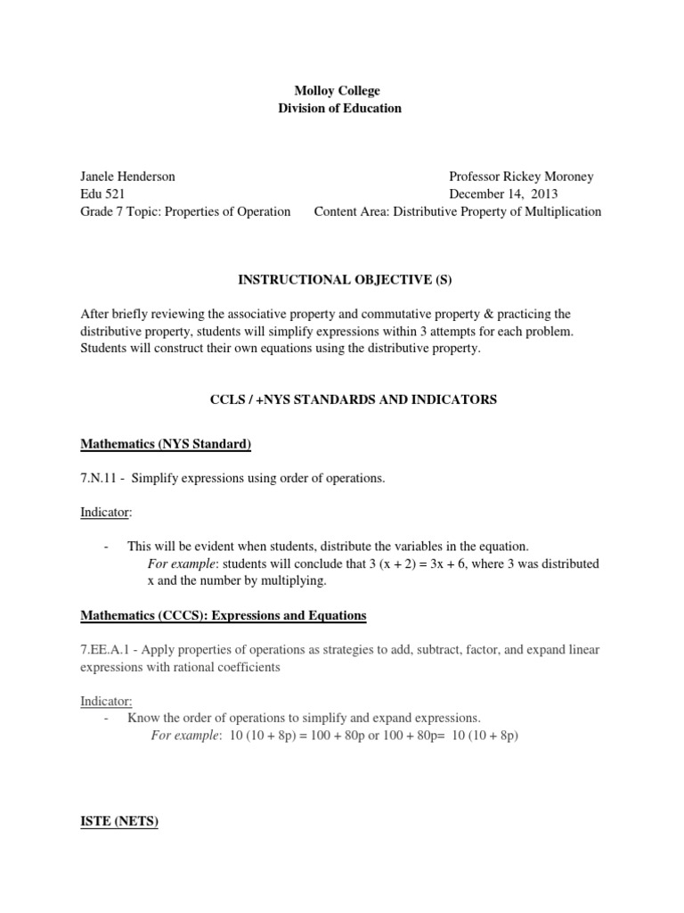 Distributive Property Lesson Plan | PDF | Worksheet | Multiplication
