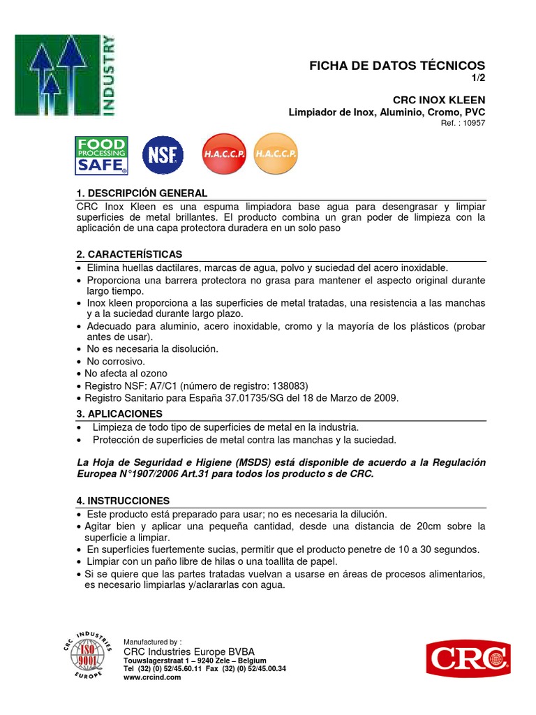 Limpiador multiusos CRC Inox Kleen descripción técnica y