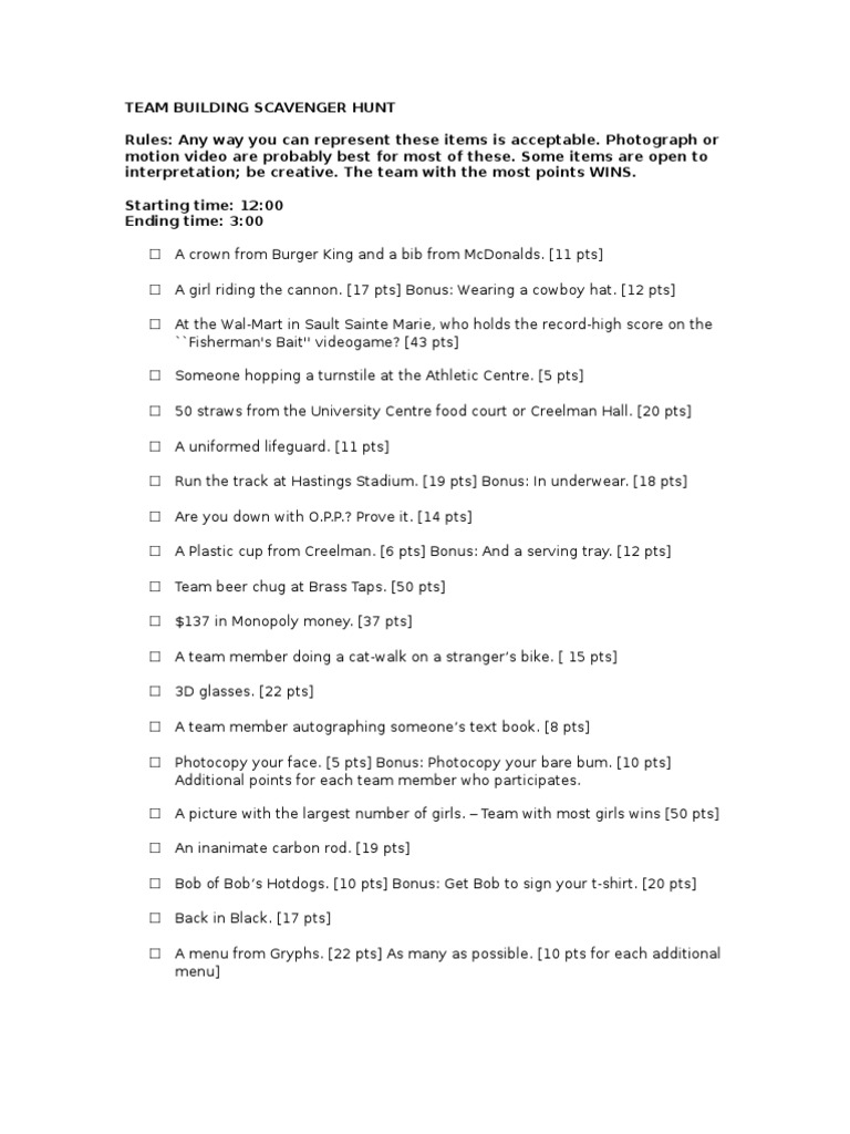 Team Building Scavenger Hunt List Leisure
