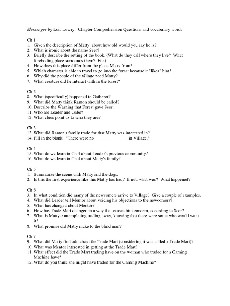 Messenger Llowry Questions And Vocabulary Linguistics