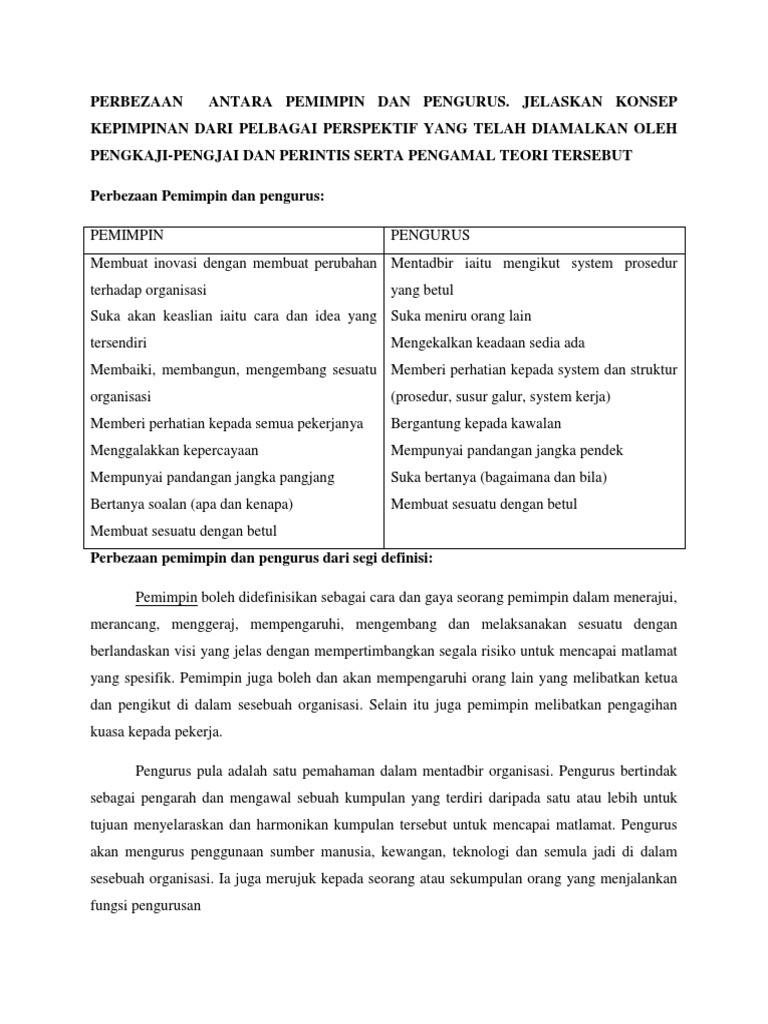 Perbezaan Antara Pemimpin Dan Pengurus Pdf