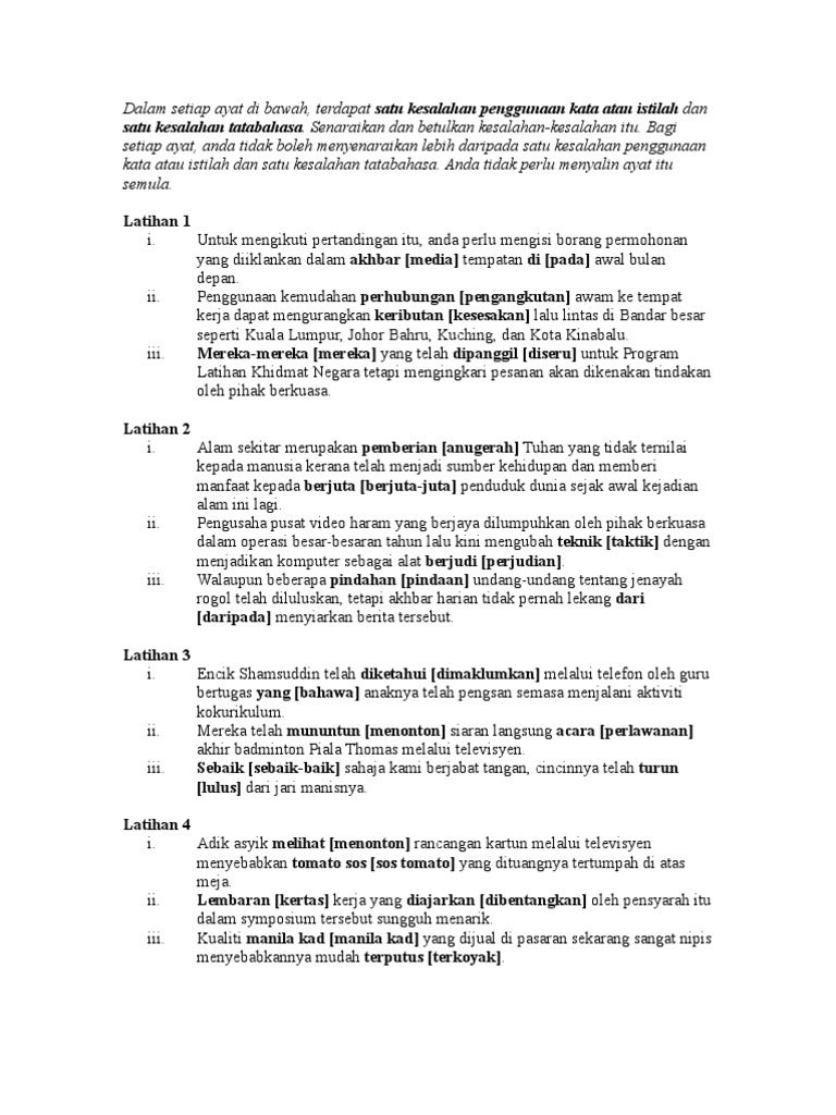 Membetulkan Penggunaan Kata Atau Istilah Kesalahan Tatabahasa Jawapan Pdf