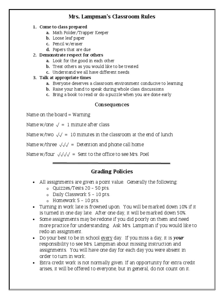 Mrs. Lampman's Classroom Guidelines | PDF