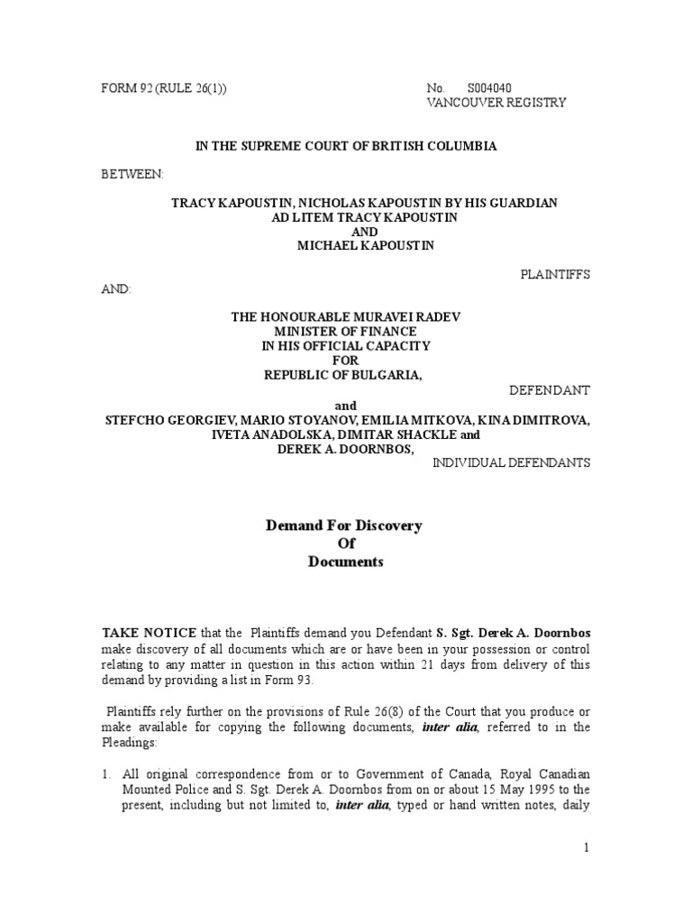 Demad For Documents FORM 92 - Derek Doornbos | PDF | Fraud | Public Law