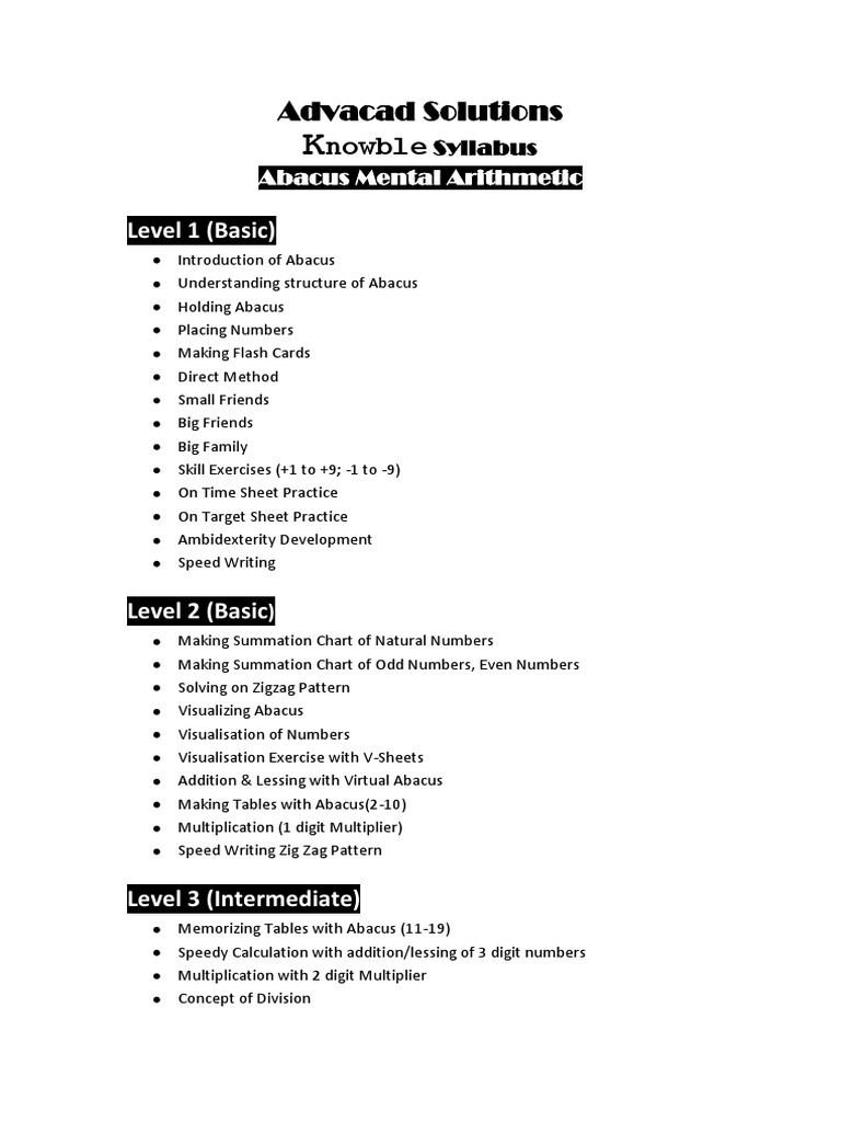 Abacus Level 1 Syllabus Overview | PDF | Multiplication | Mathematical ...