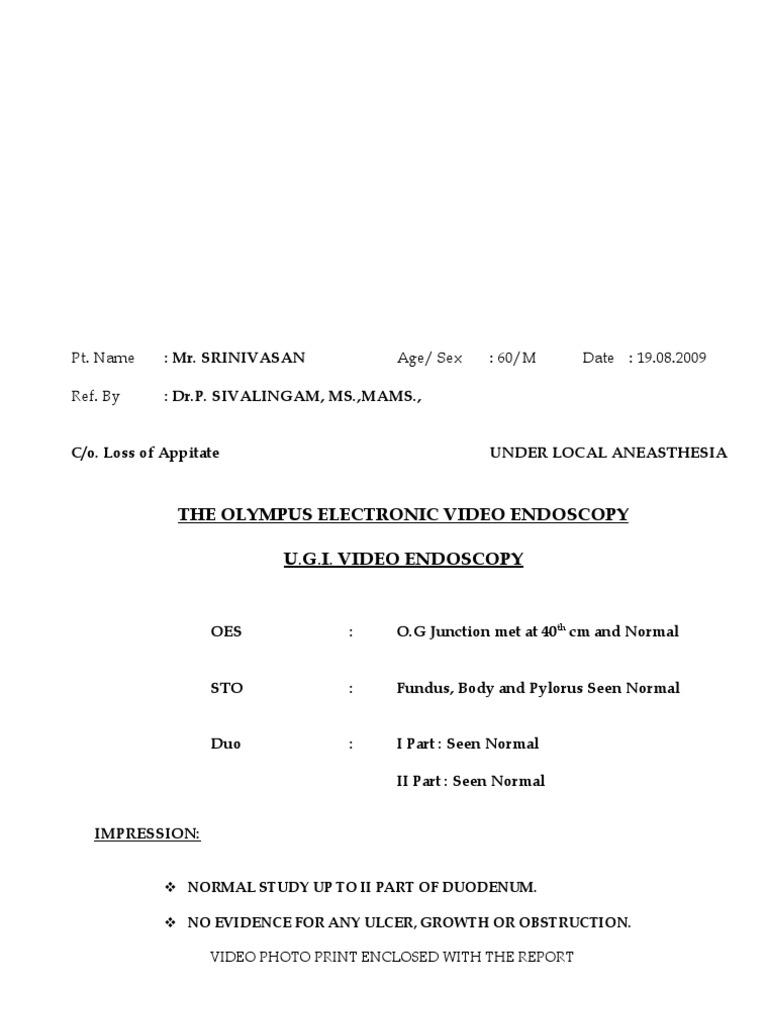 UGI Video Endoscopy Report: Normal Findings | PDF