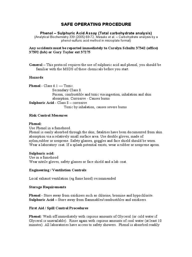 Sop Phenol Sulphuric Acid Assay PDF Chemical Substances Chemistry