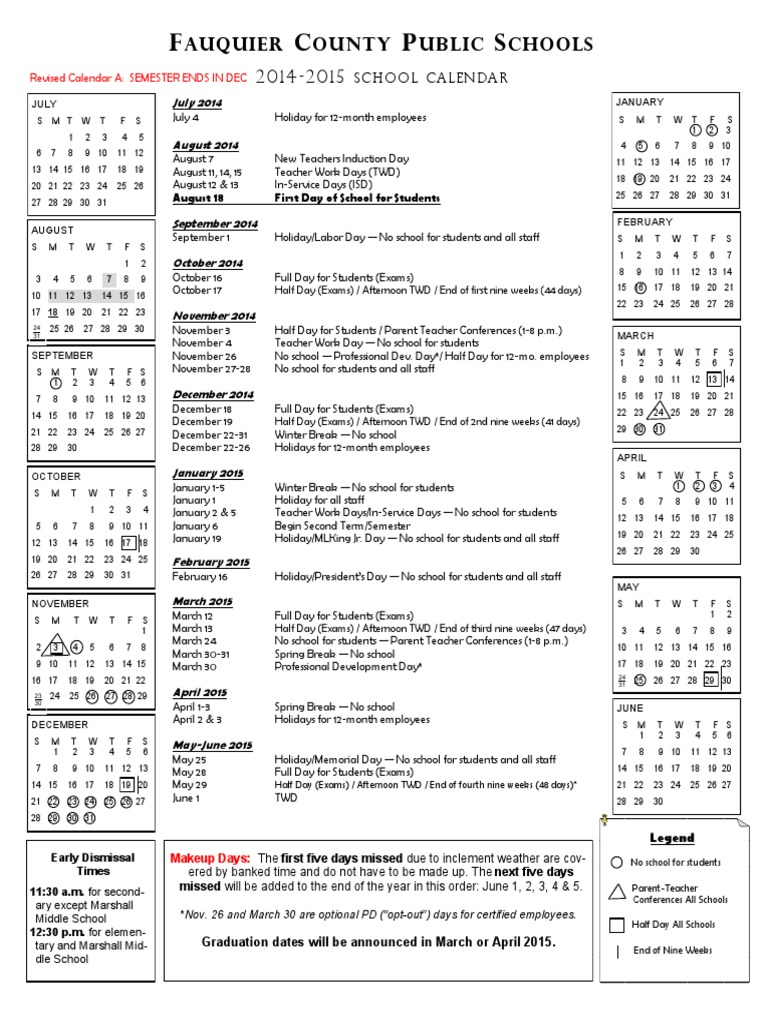 Fauquier Calendar For School Year 20142015 PDF