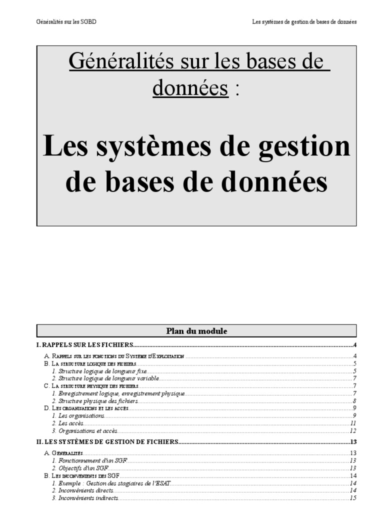 Généralités sur les SGBD et fichiers | PDF | Bases de données | C ...