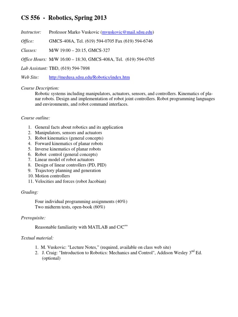 introduction to robotics course outline