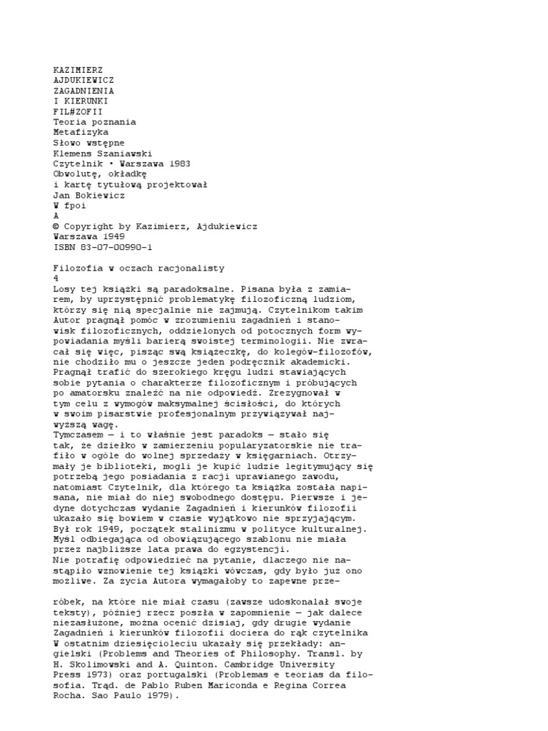 Ajdukiewicz Kazimierz Zagadnienia I Kierunki Filozofii PDF