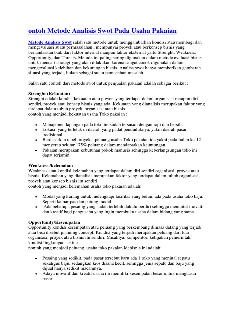 Ontoh Metode Analisis Swot Pada Usaha Pakaian