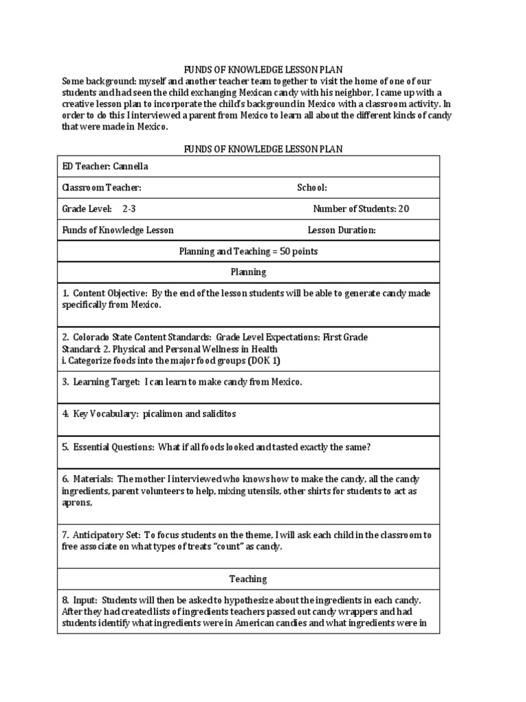 Funds of Knowledge Lesson Plan | PDF | Lesson Plan | Quality Of Life