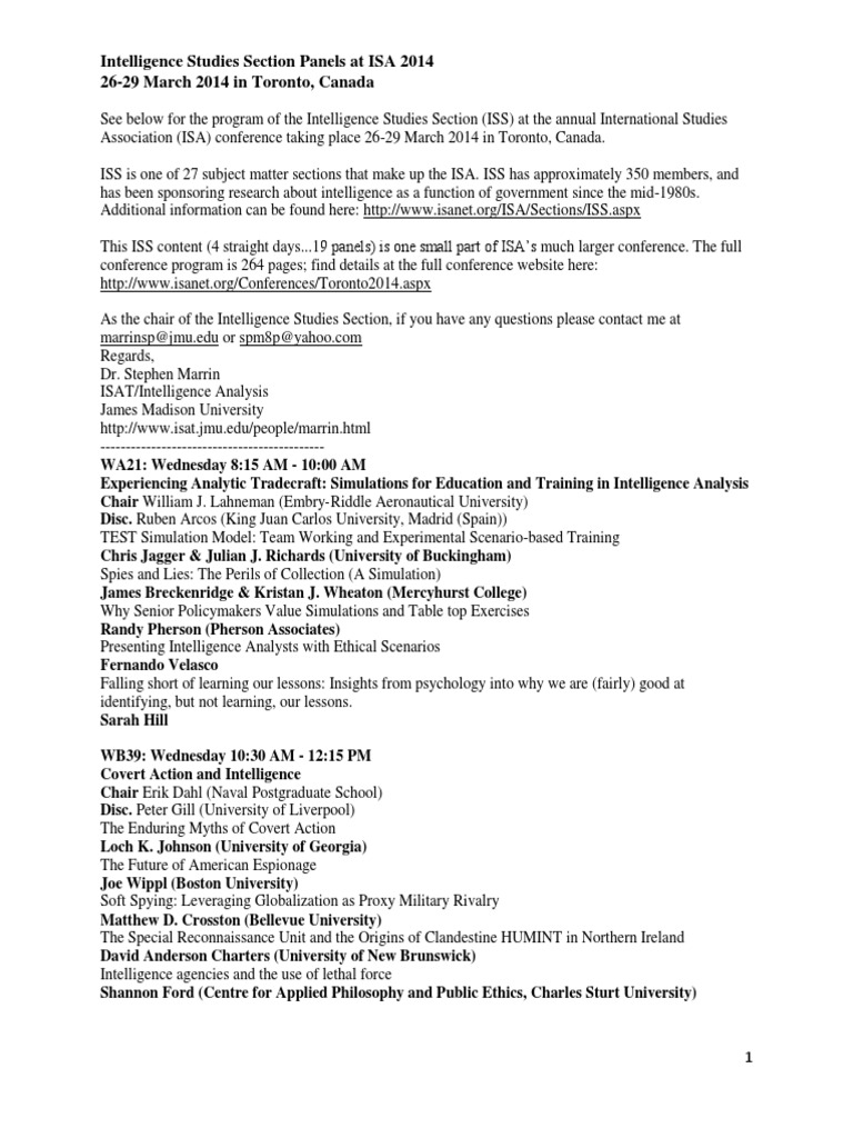 Intelligence Studies Section Program at ISA 2014 | PDF | Intelligence ...