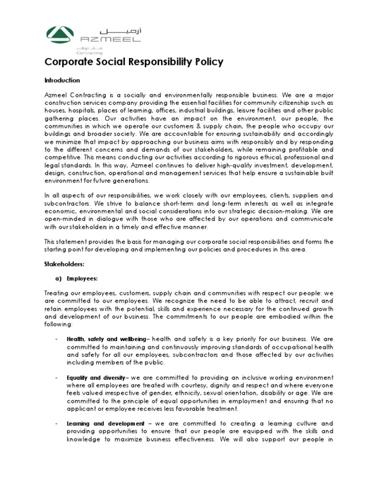 Azmeel Contracting CSR Policy Overview | PDF