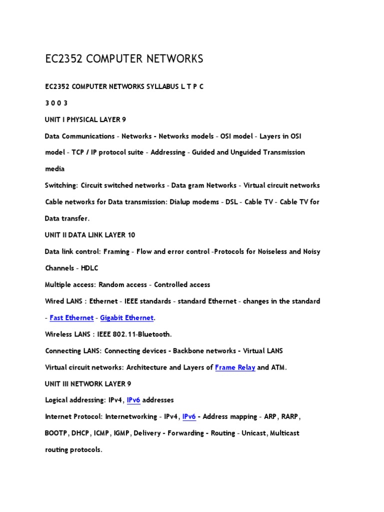 EC2352 Computer Networks Syllabus | PDF | Wireless Lan | Computer Network