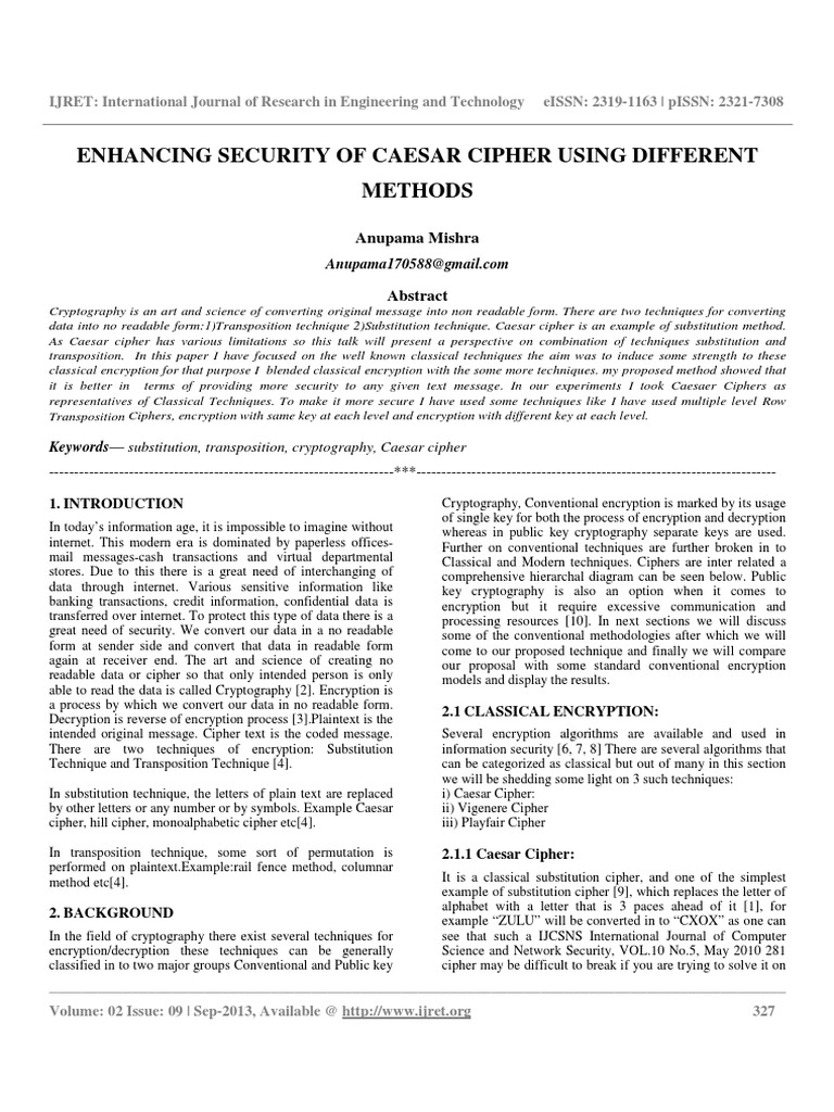Ijret - Enhancing Security of Caesar Cipher Using Different Methods ...