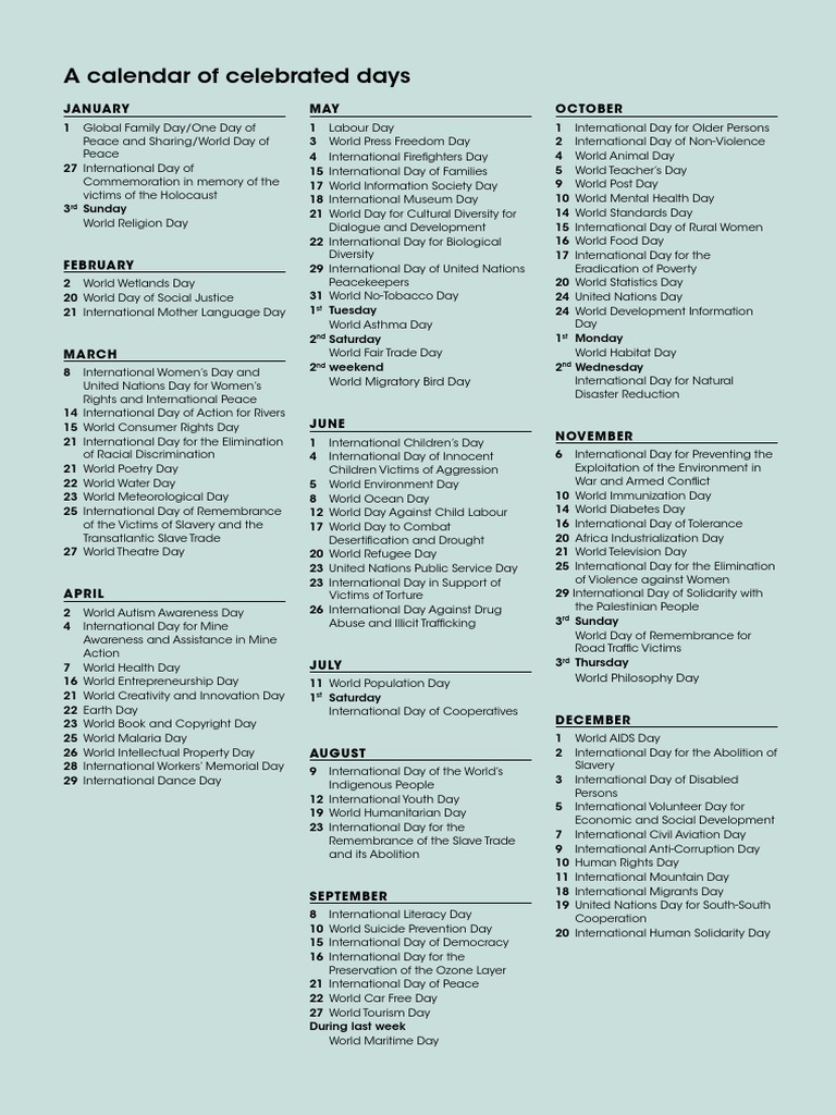 A Calendar of Celebrated Days: January May October | PDF