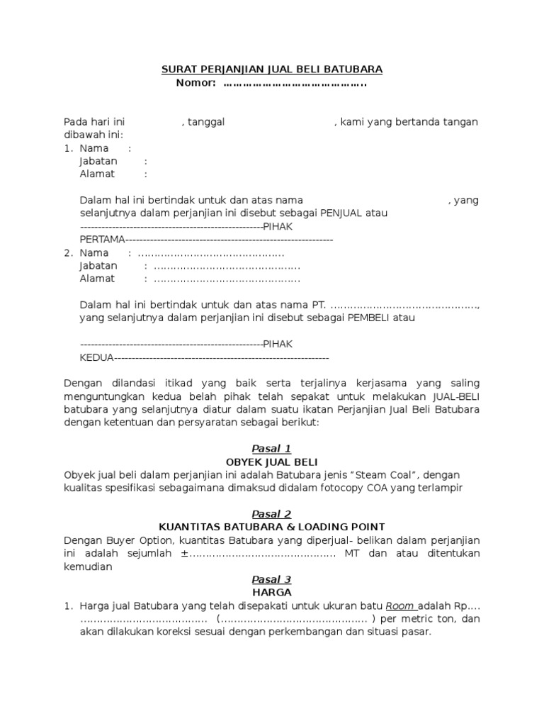 Draft Surat Perjanjian Jual Beli Batubara
