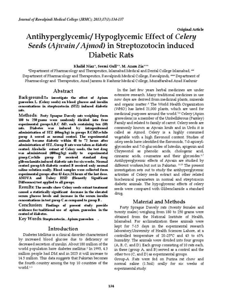 Celery Seeds Lower Blood Glucose in Diabetic Rats PDF Diabetes