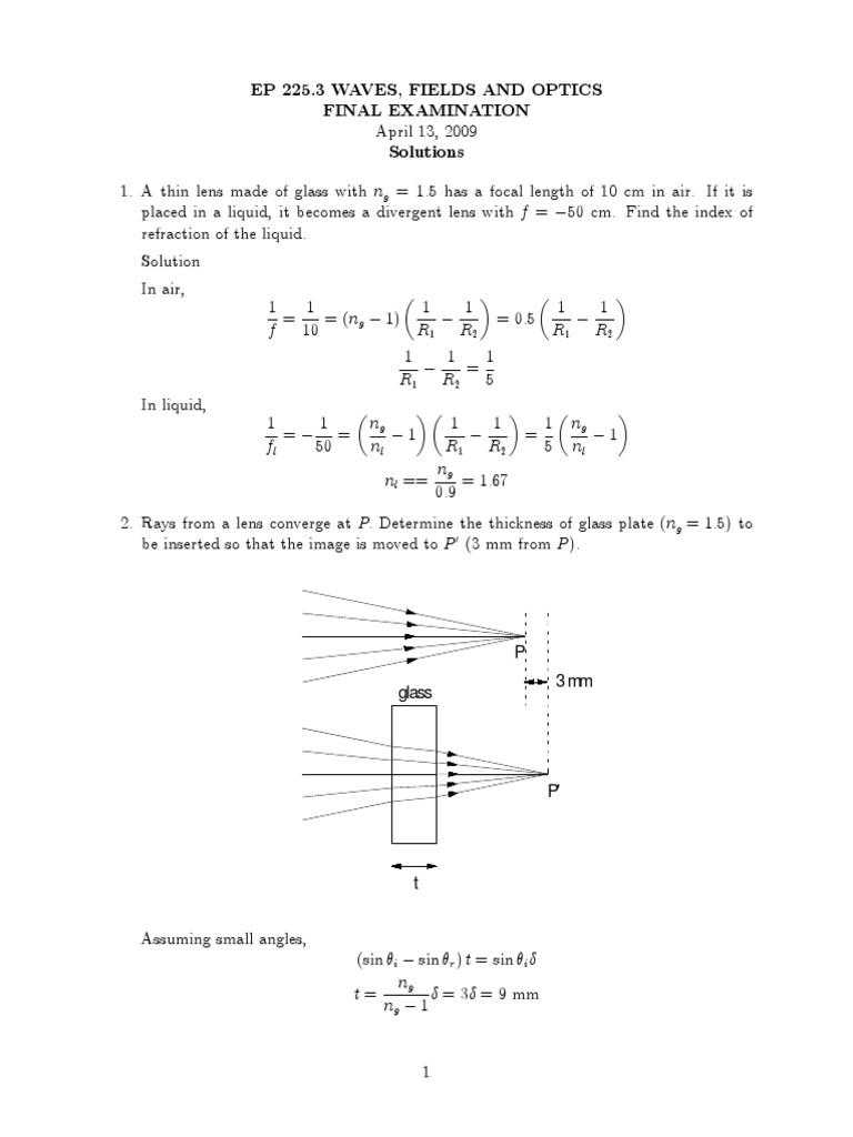 Waves, Fields, and Optics Exam Solutions | PDF | Lens (Optics ...