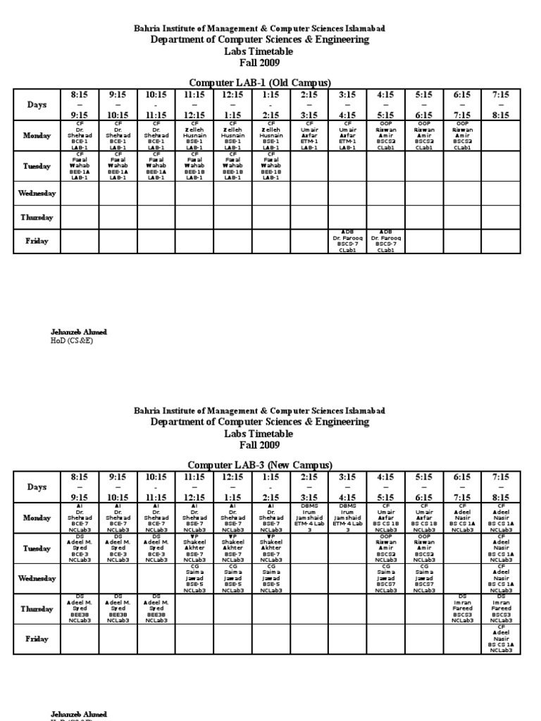 Department of Computer Sciences & Engineering Labs Timetable Fall 2009 ...