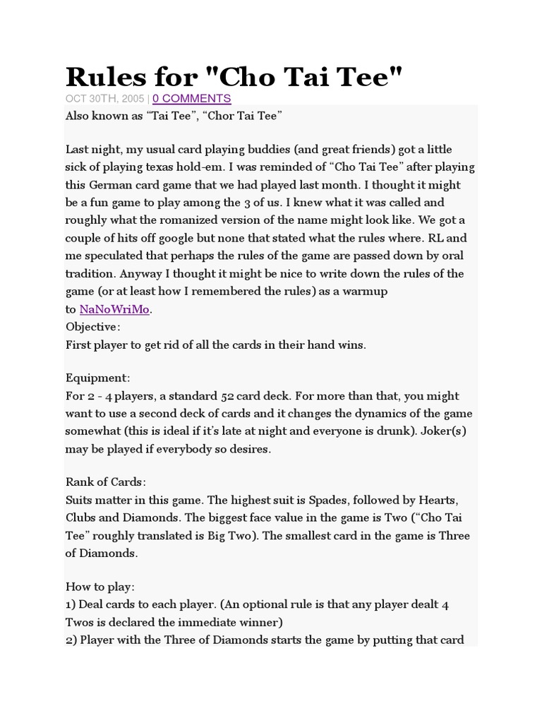Rules For "Cho Tai Tee": 0 Comments | PDF | Games Of Chance | Playing Cards