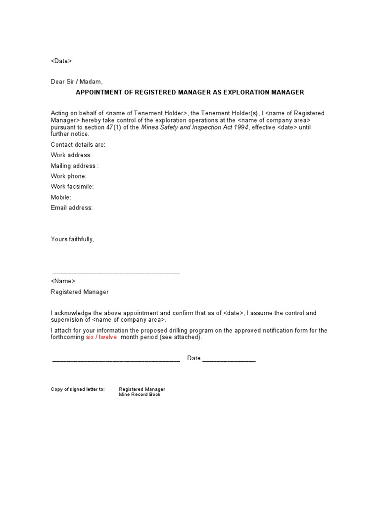 Appointment of Exploration Manager | PDF | Business | Law