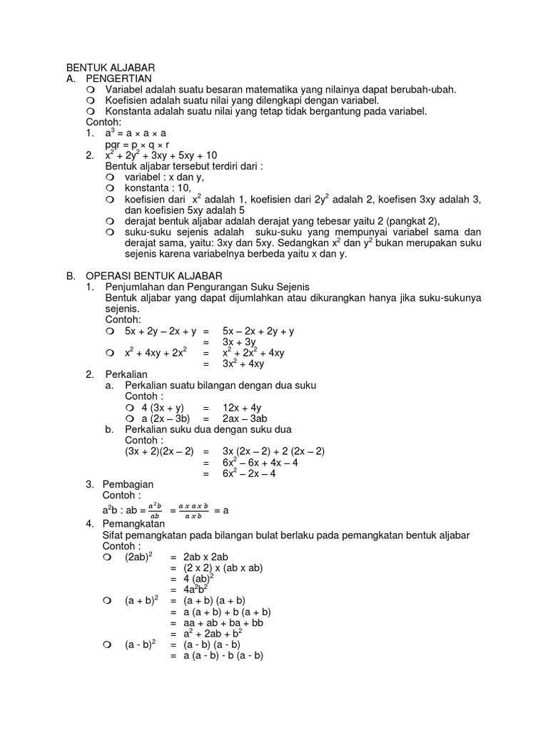 Smp Kelas 9 Bab Operasi Bentuk Aljabar